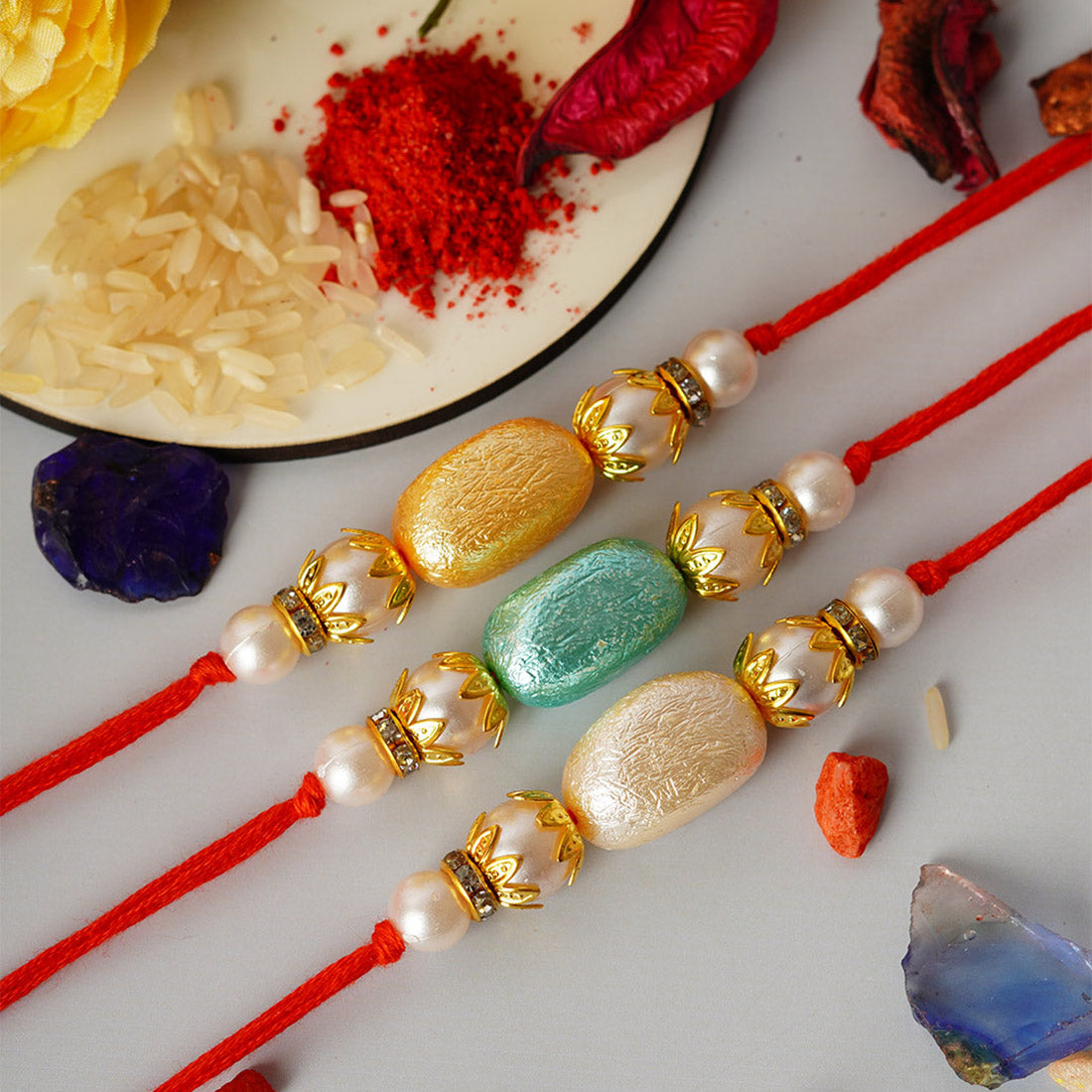 Colored Stone Thread Rakhi Set of 3