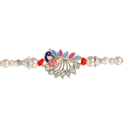 Silver Peacock Motif Beaded Rakhi