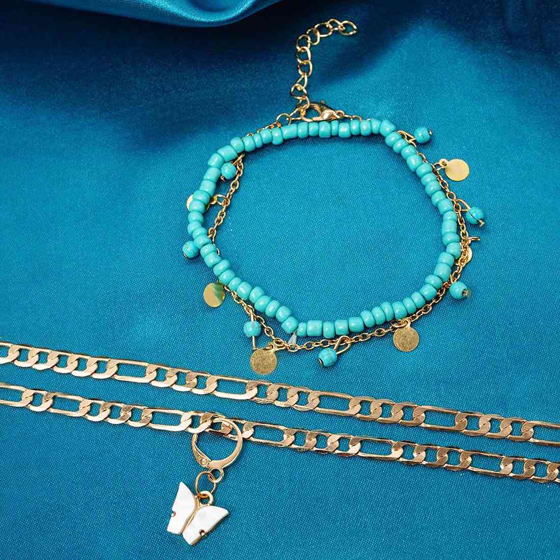 Sky Blue Beaded Butterfly Anklet Set of 4