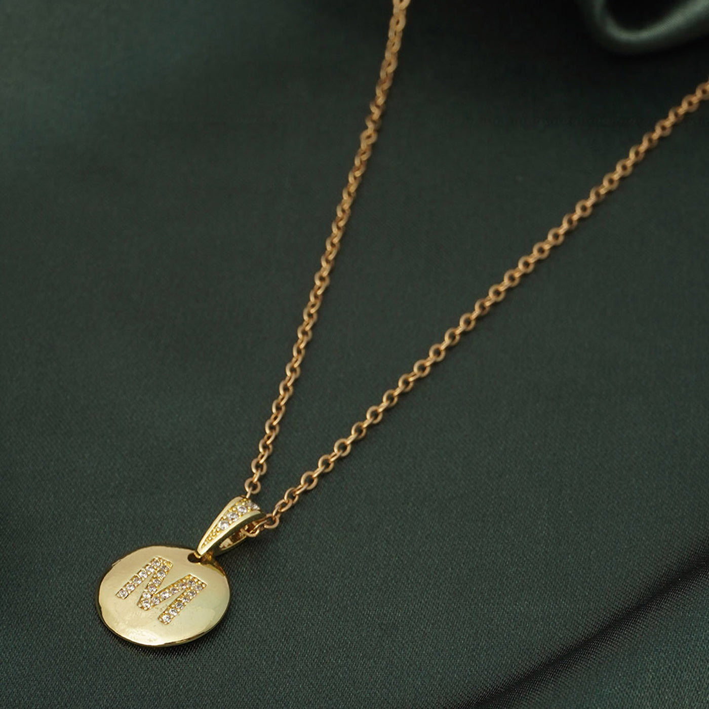 Crystal Studded Alphabet M Gold Coin Necklace