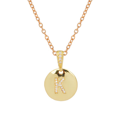 Crystal Studded Alphabet K Gold Coin Necklace