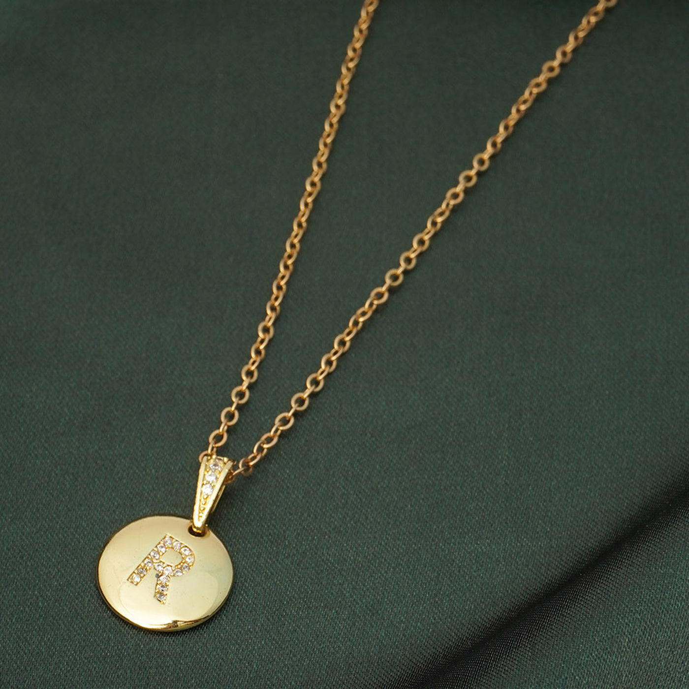 Crystal Studded Alphabet R Gold Coin Necklace