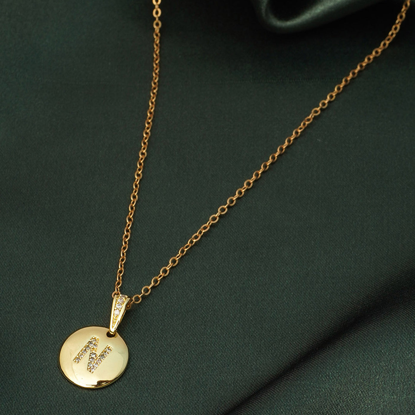 Crystal Studded Alphabet N Gold Coin Necklace