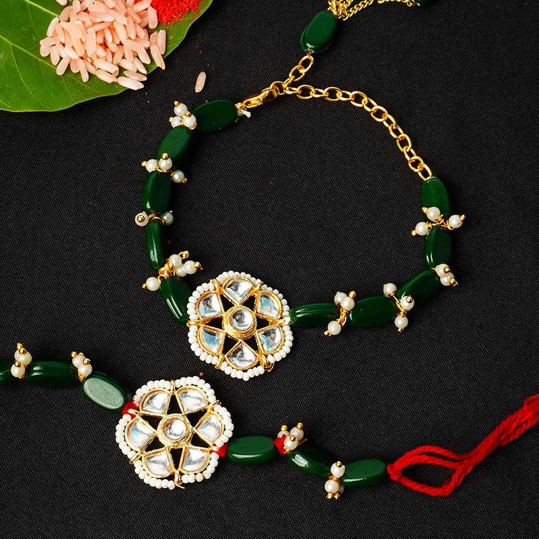 Crystal Flower Green Stone Rakhi Set of 2