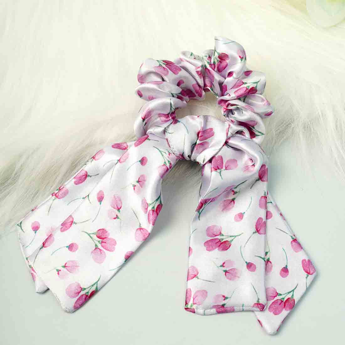 Ferosh White & Pink Tulip Printed Tail Scrunchie