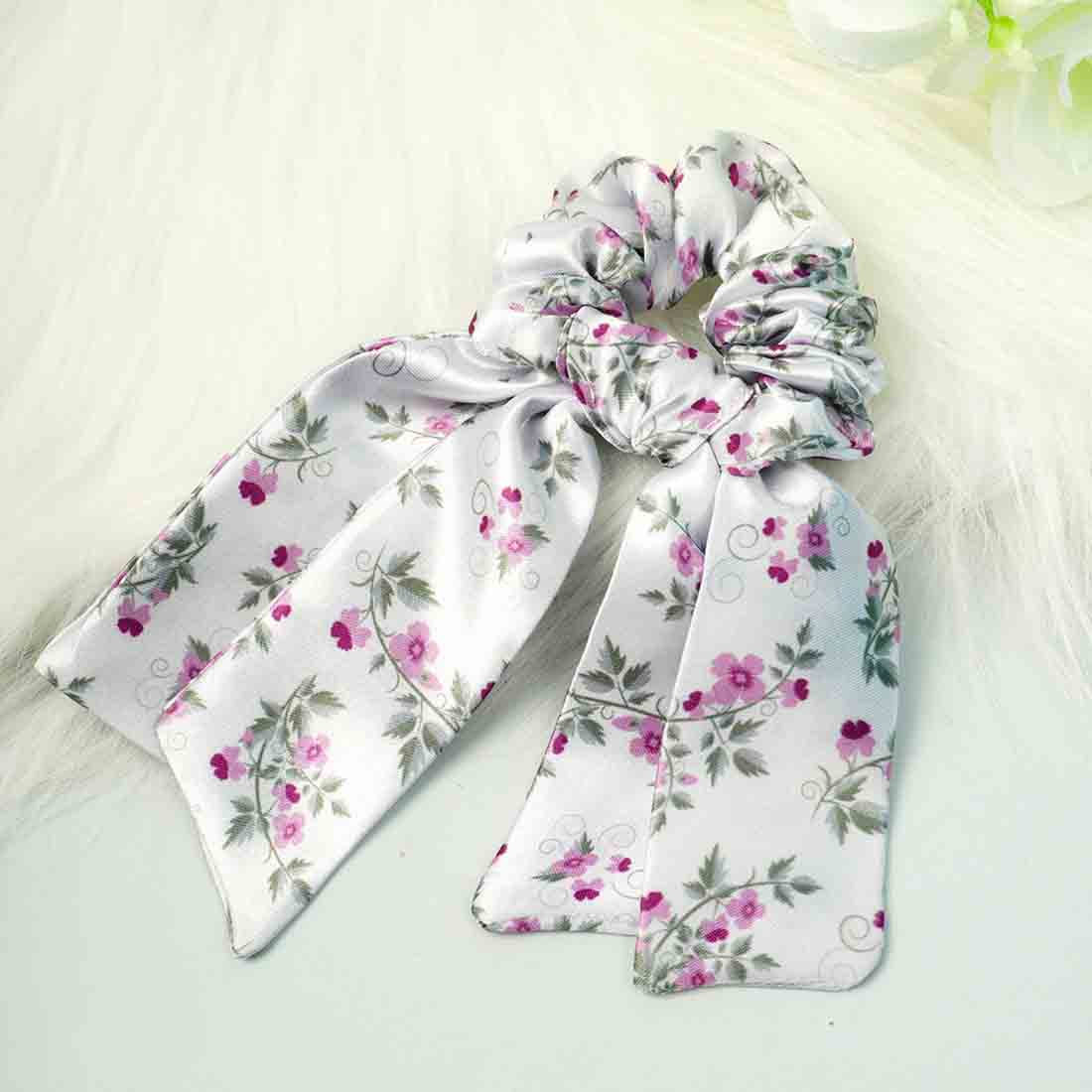 Ferosh White Tiny Pink Flower Printed Tail Scrunchie