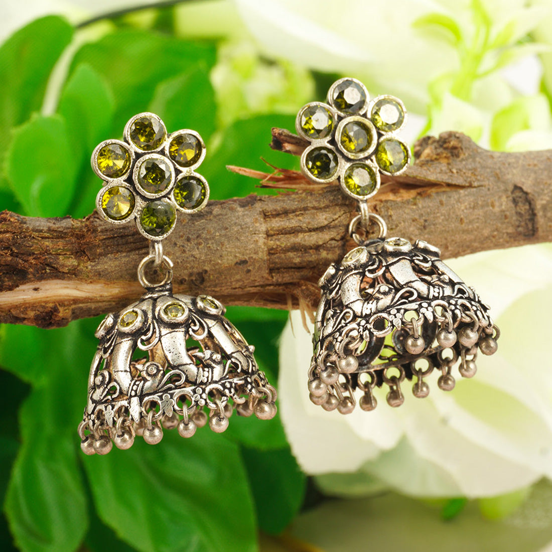 Green Floral Crystal Jhumka
