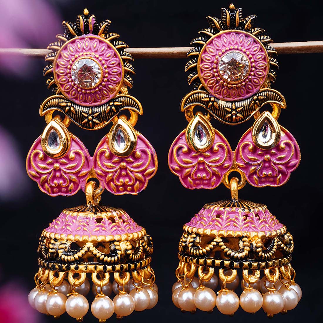 Pink Toned Gold Jhumkas