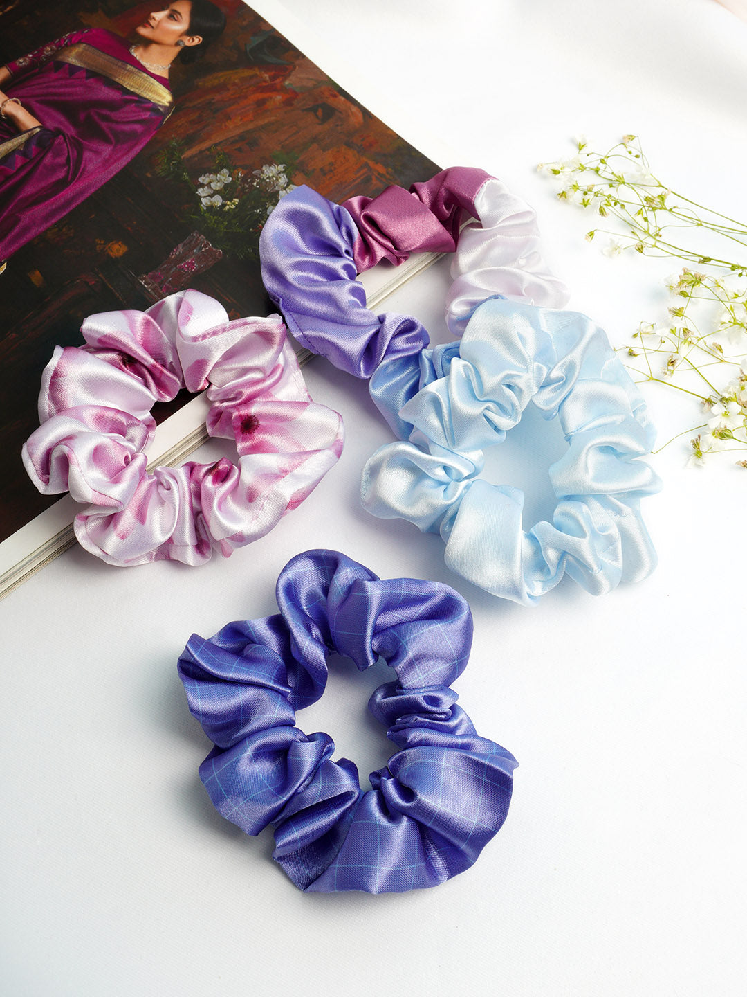 Women Blue & Pink Set of 4 Satin Scrunchies