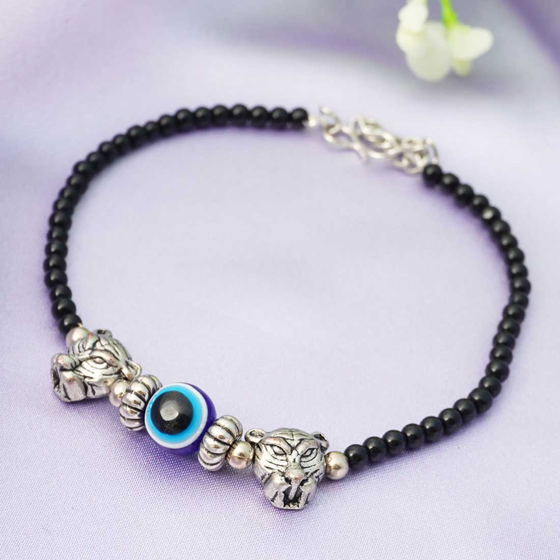 Women Silver-Toned & Black Beaded Evil Eye Anklet