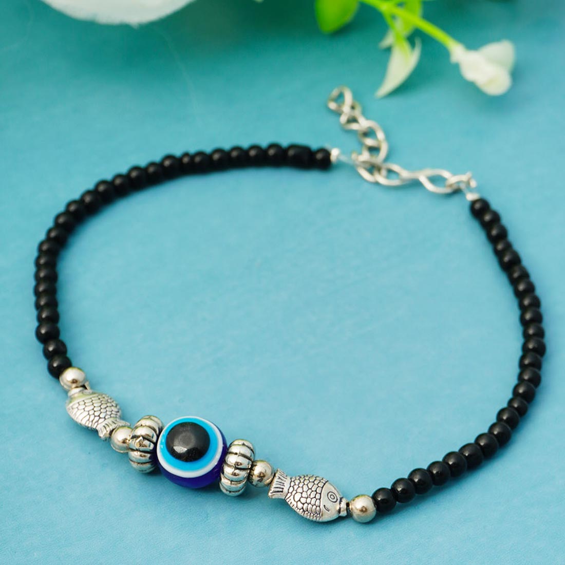 Women Silver-Toned Black Beaded Silver Fish Evil Eye Anklet